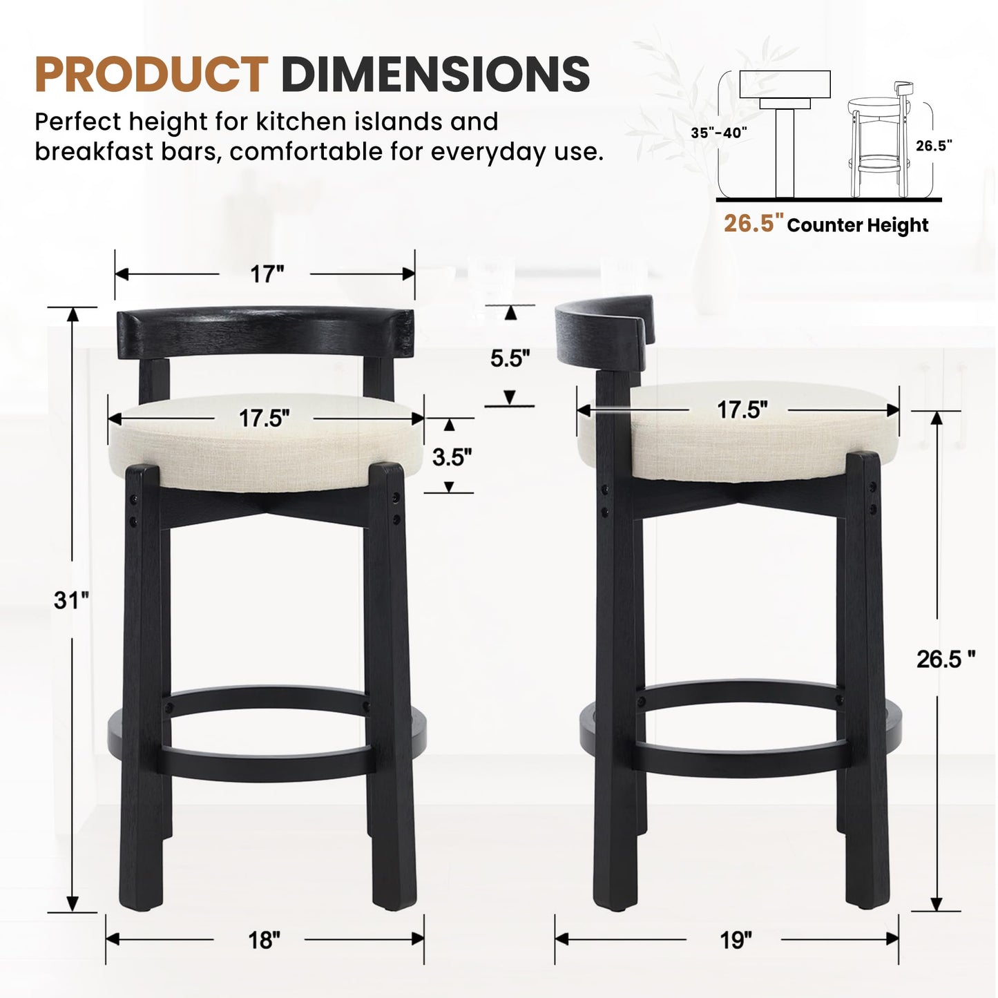 LukeAlon Mid Century Linen Counter Stools Set of 4, Upholstered 26.5” Seat Height Low Barstools with Natural Wood Legs Round Low Back Kitchen Stools with Footrest for Dining Room, Beige