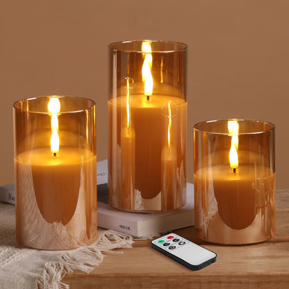 Eywamage Smoke Grey Glass Flameless Pillar Candles with Remote, Flickering LED Battery Candles Table Decor Set of 3
