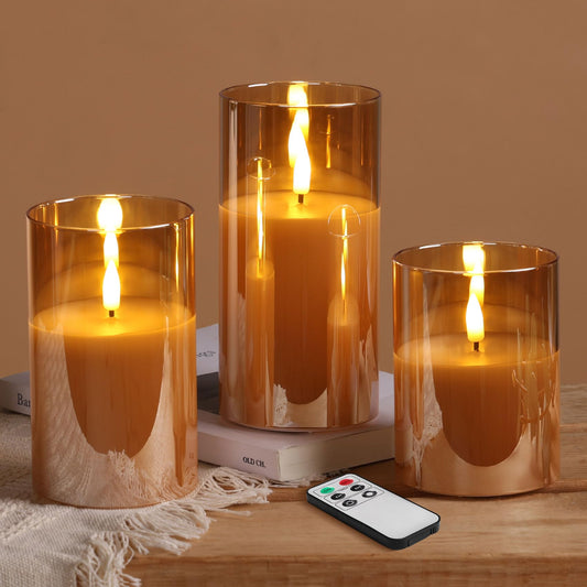 Eywamage Smoke Grey Glass Flameless Pillar Candles with Remote, Flickering LED Battery Candles Table Decor Set of 3