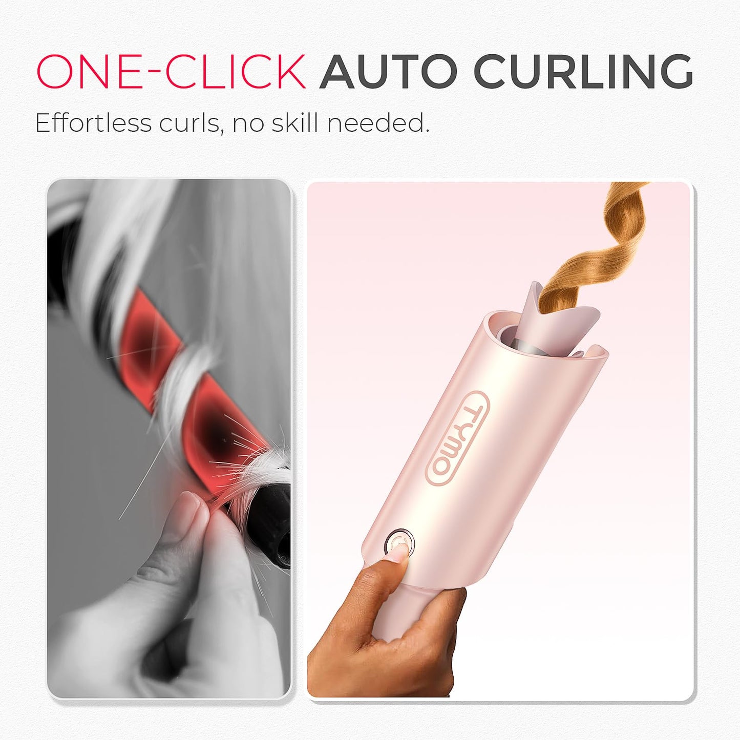 TYMO Automatic Rotating Curling Iron - TYMO CURLPRO Beach Waves Curling Wand, Portable Hair Curler, 500 Million Ionic, Dual Voltage & Lightweight for Travel, Ceramic Coating, 1 Inch, Pink