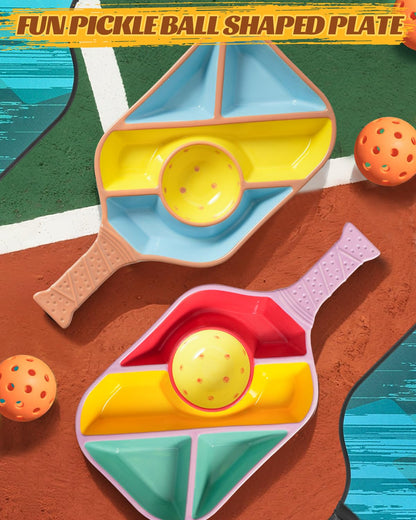 Pickleball Snack Serving Tray - Ceramic Bat Shaped Snack Platter with 5 Compartments & Dip Bowl