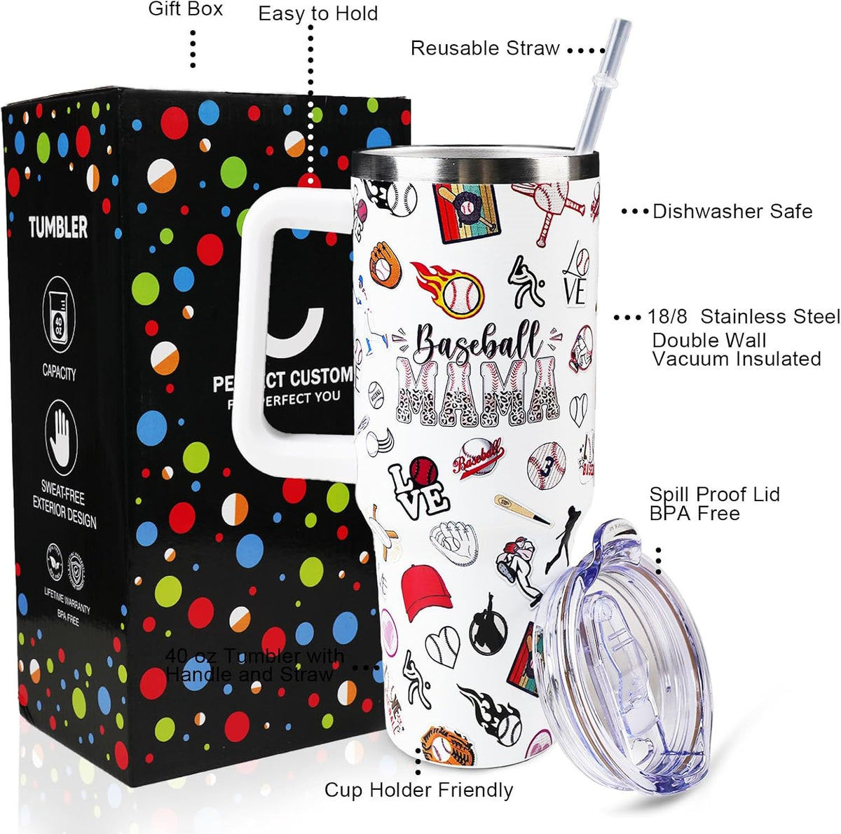 Baseball Mom 40 oz Tumbler with Handle and Straw Lid Leak Proof