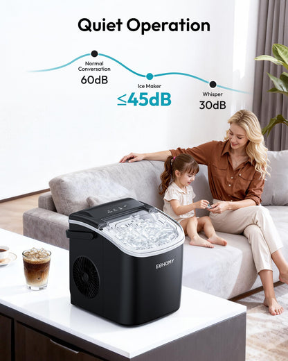 EUHOMY Countertop Ice Maker Machine with Handle, 26lbs in 24Hrs, 9 Ice Cubes Ready in 6 Mins, Auto-Cleaning Portable Ice Maker with Basket and Scoop, for Home/Kitchen/Camping/RV. (Black)