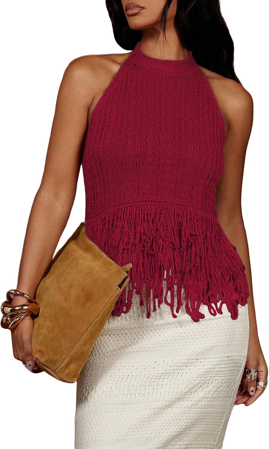 SweatyRocks Women's Boho Fringe Halter Tops Sleeveless Open Back Summer Knit Crochet Tank Top