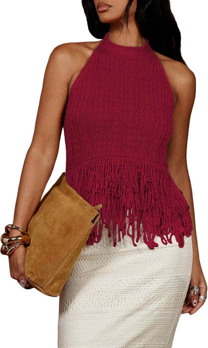 SweatyRocks Women's Boho Fringe Halter Tops Sleeveless Open Back Summer Knit Crochet Tank Top