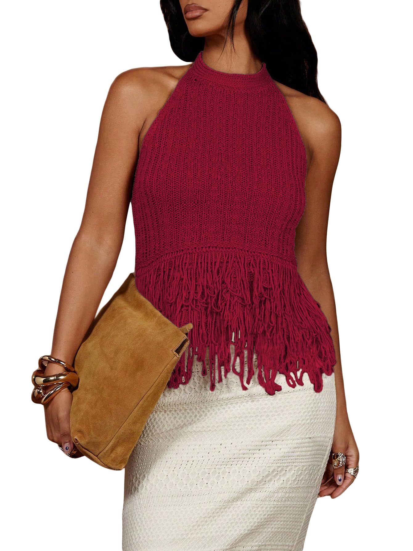 SweatyRocks Women's Boho Fringe Halter Tops Sleeveless Open Back Summer Knit Crochet Tank Top