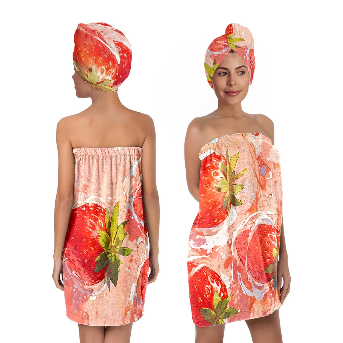 Strawberry Print Bath Wrap and Hair Drying Towel Set – Microfiber Quick Dry Shower Body Wrap for Women, Absorbent Spa Skirt with Elastic Band and Cute Bow Design (Strawberry 1)
