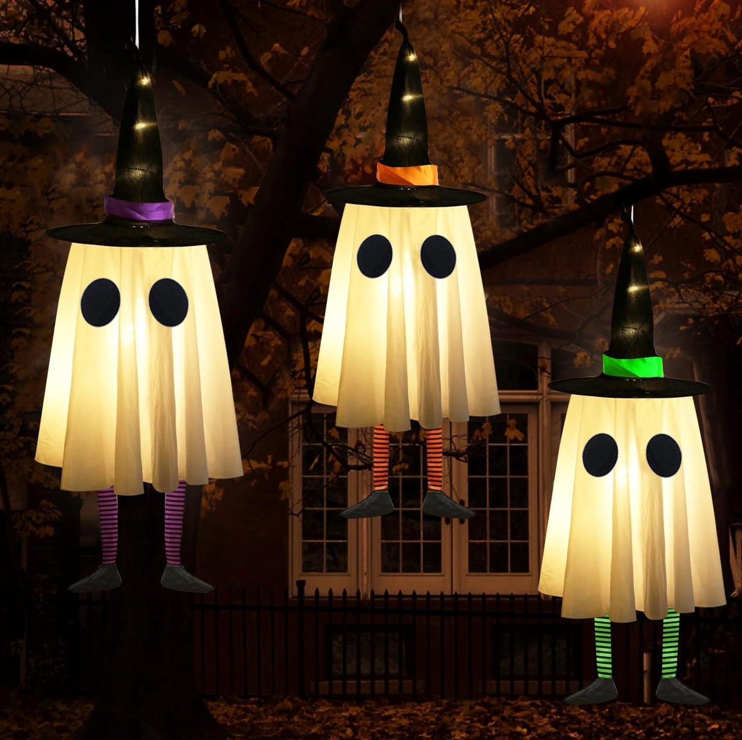 Set of 4 Halloween Hanging Ghosts, Halloween Decorations Outdoor Hanging Ghosts with Witch Hat,Glowing Ghost Witch Hat Lights, Light up Ghost Decor for Yard Patio Garden Tree Outside(4 Ghost Lighted)
