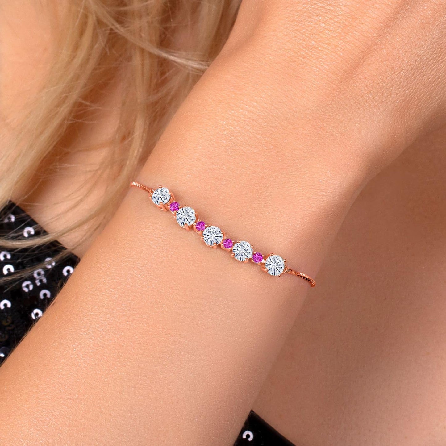 Gem Stone King Gemstone Birthstone and Pink Sapphire Tennis Bracelet 18K Rose Gold Plated Silver | Round 5MM and 2.5MM | Adjustable Bolo Design | Easy-On Easy-Off
