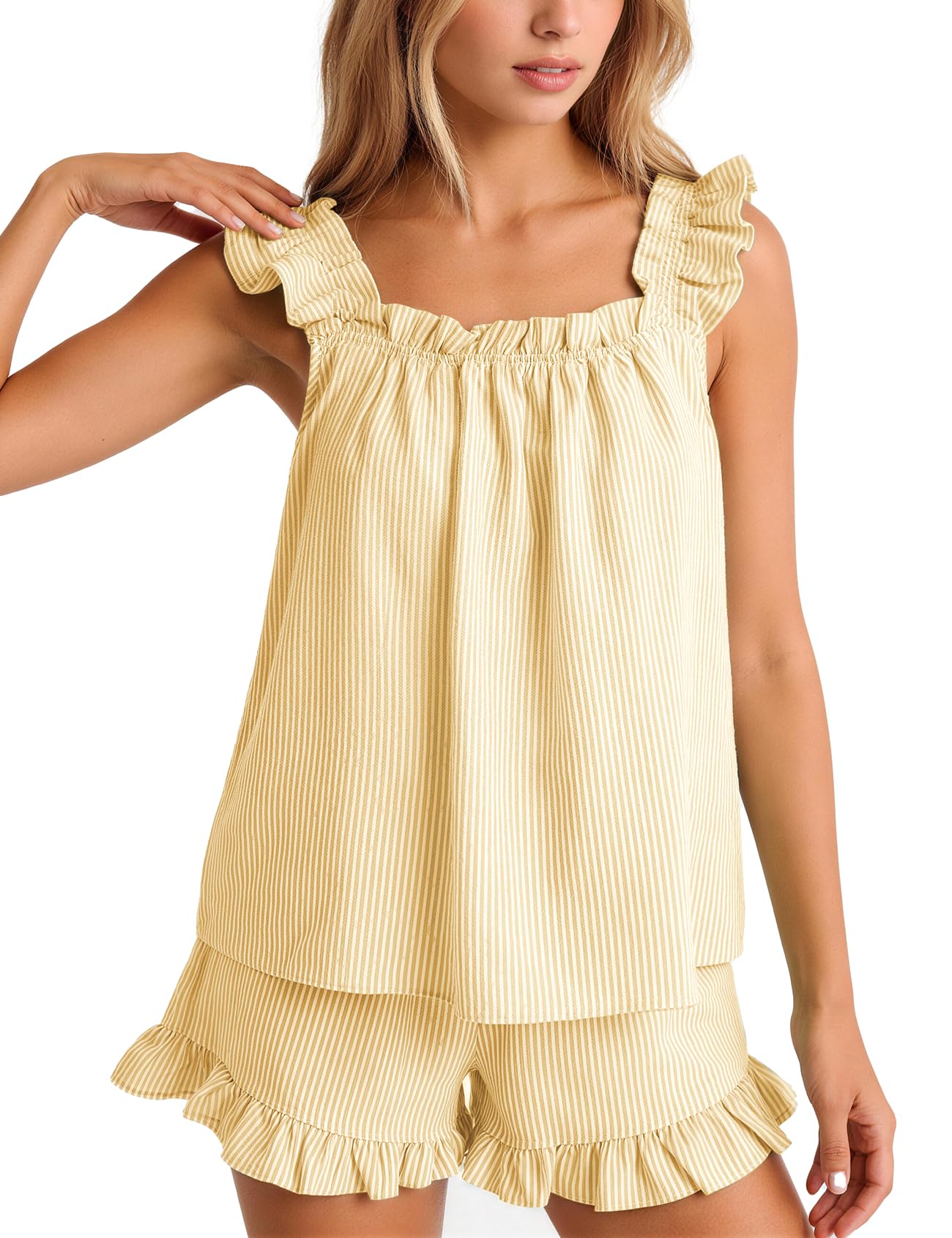Flygo Striped Pajamas Set for Women Cotton 2 Piece Lounge Sets Ruffle Cami Top and Shorts Cute Summer Pj Sleepwear