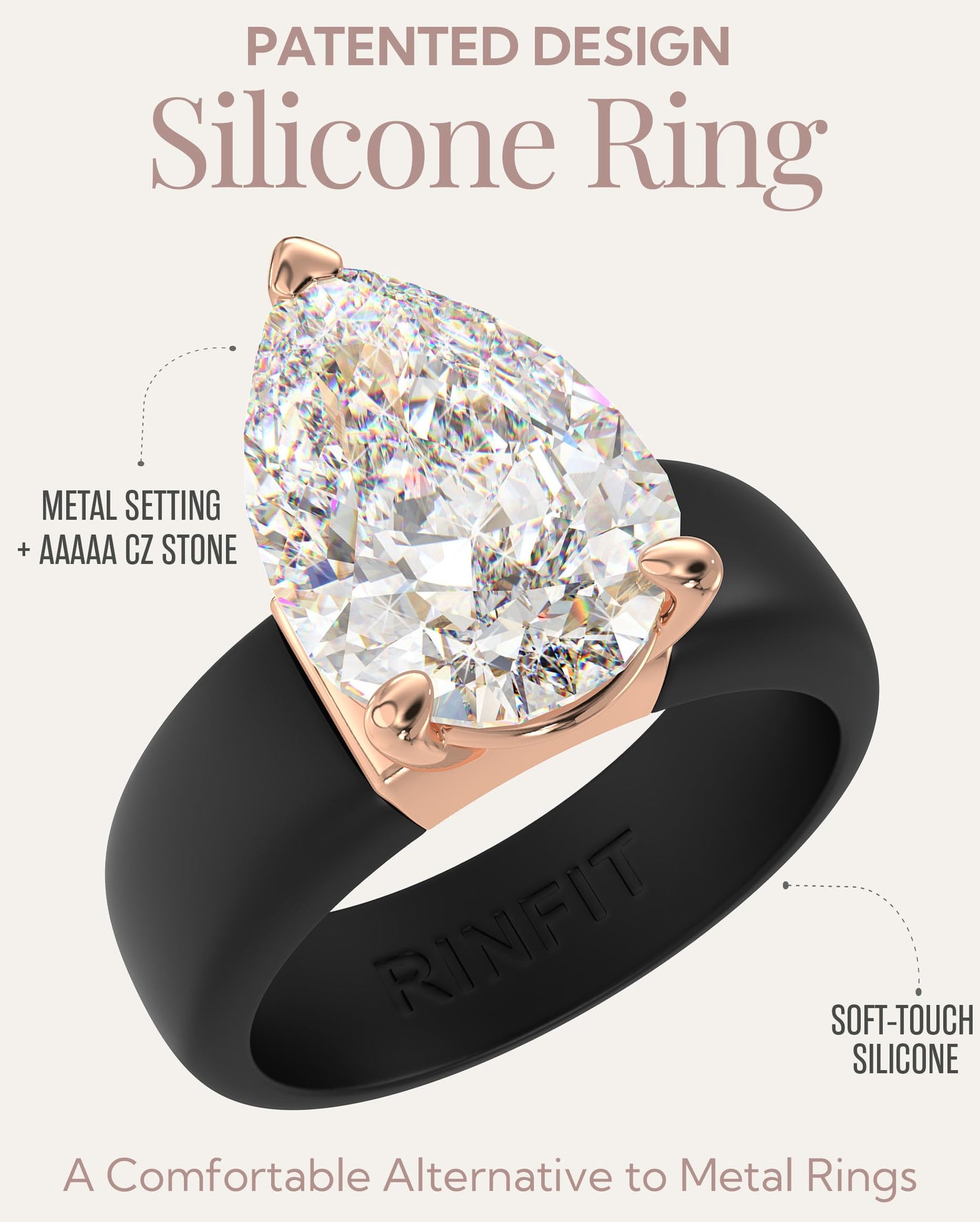Rinfit Silicone Ring with Stone - Pear Cut Cubic Zirconia Solitaire Engagement Ring for Women - Rubber Wedding Bands - Patent Pending
