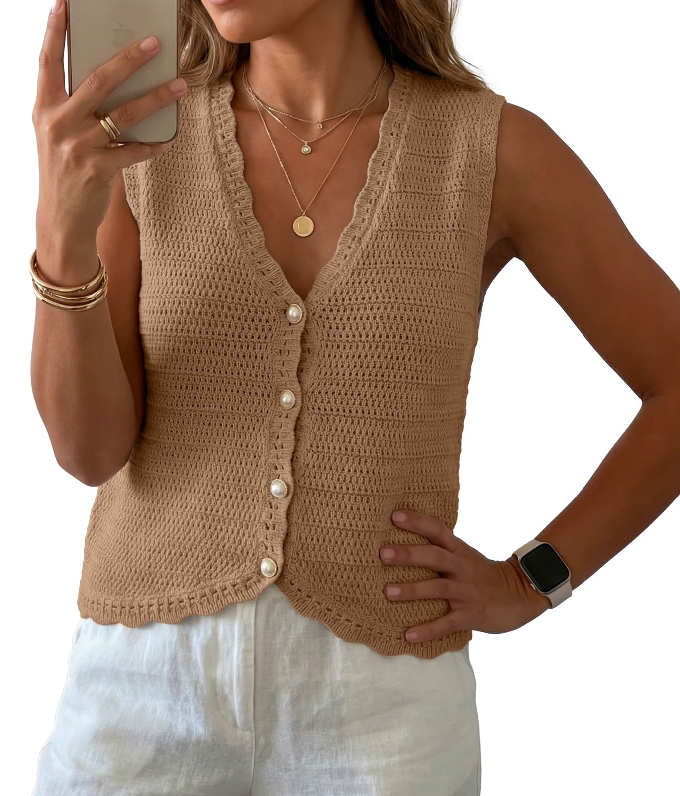 GRECERELLE Women's Summer Sleeveless V Neck Sweater Vest Knit Tank Top | Button Front Closure, Crochet Knit Design, Casual Style, Cropped Fit, Versatile Layering, for Office, Travel