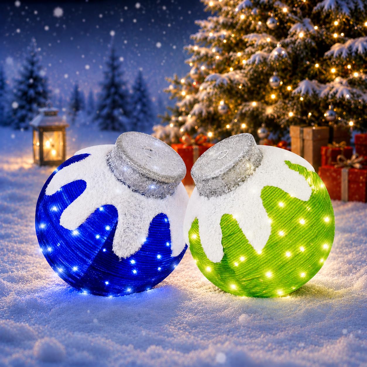2 Pcs Outdoor Christmas Ornaments, Lighted Pop-Up Holiday Ball Decoration with 160 LED Lights, 8 Light Functions, Lighted Collapsible Christmas Outdoor Decorations for Yard, Patio, Home