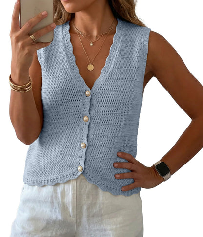 GRECERELLE Women's Summer Sleeveless V Neck Sweater Vest Knit Tank Top | Button Front Closure, Crochet Knit Design, Casual Style, Cropped Fit, Versatile Layering, for Office, Travel