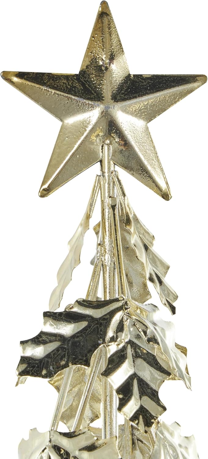 Deco 79 Metal Tree Decorative Sculpture Holiday Layered Holly Leaf Christmas Home Decor Statues with Wooden Base and Star Topper, Set of 3 Accent Figurines 22", 18", 14"H, Gold