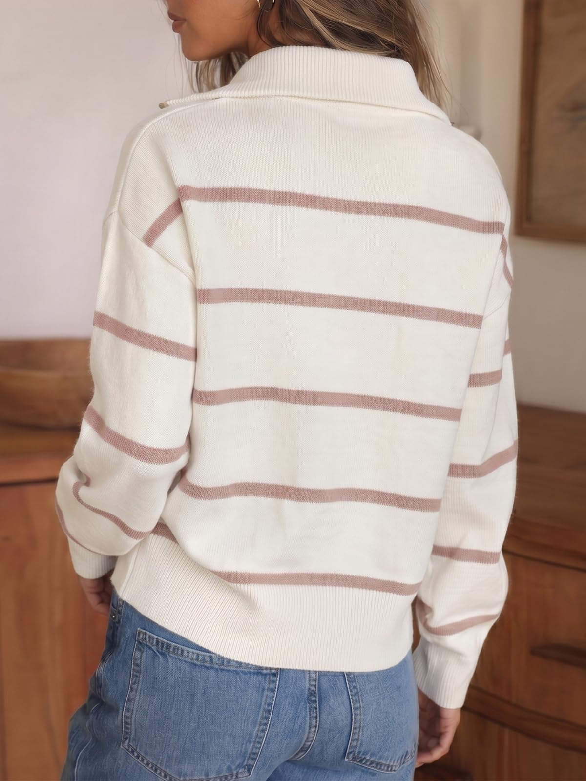 Fisoew Womens Quarter Zip Striped Sweater Oversized Turtleneck Pullover Top
