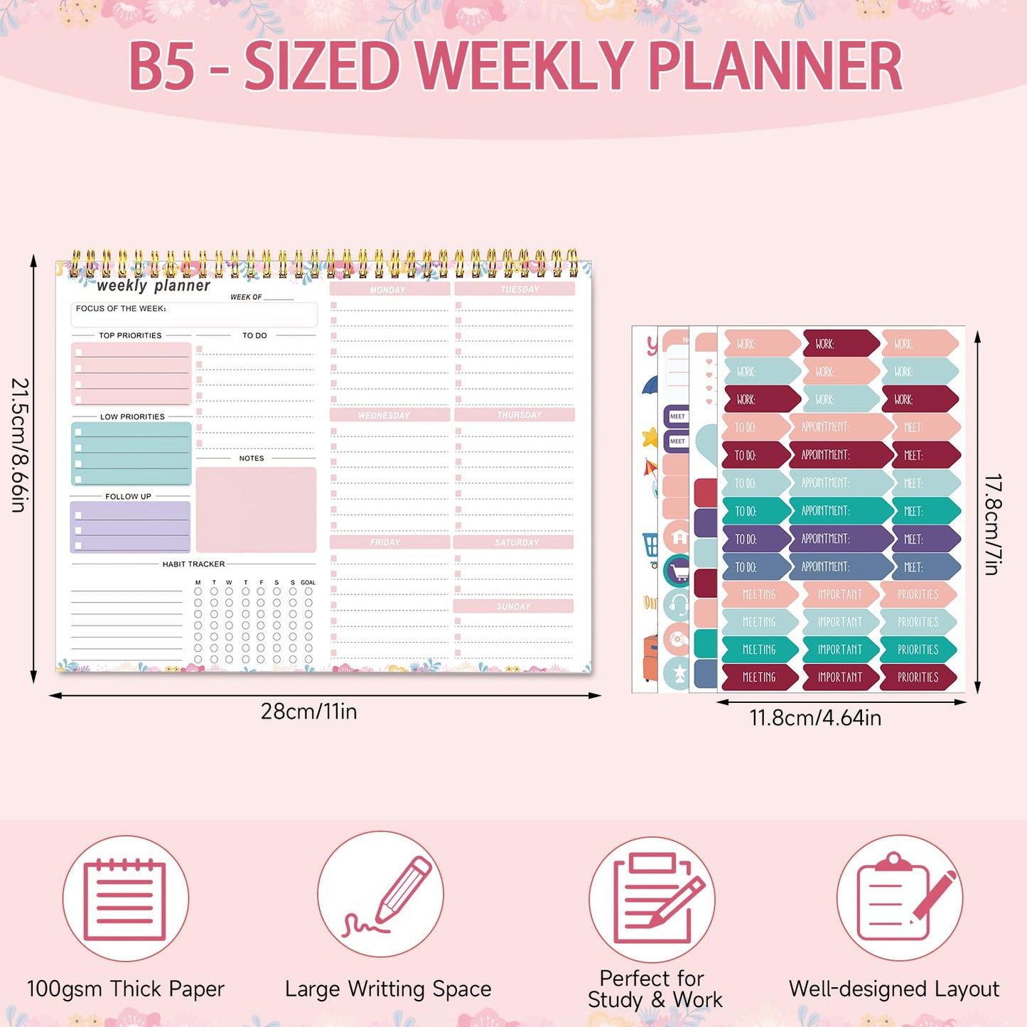 Thboxes Weekly Desk Planner, 8.5x11 In To Do List Notepad, 52 Sheets, Pink | Productivity Organizer, Work from Home Essentials, Undated Tear Off Pages, Office, College, School, Student and Teacher Gifts