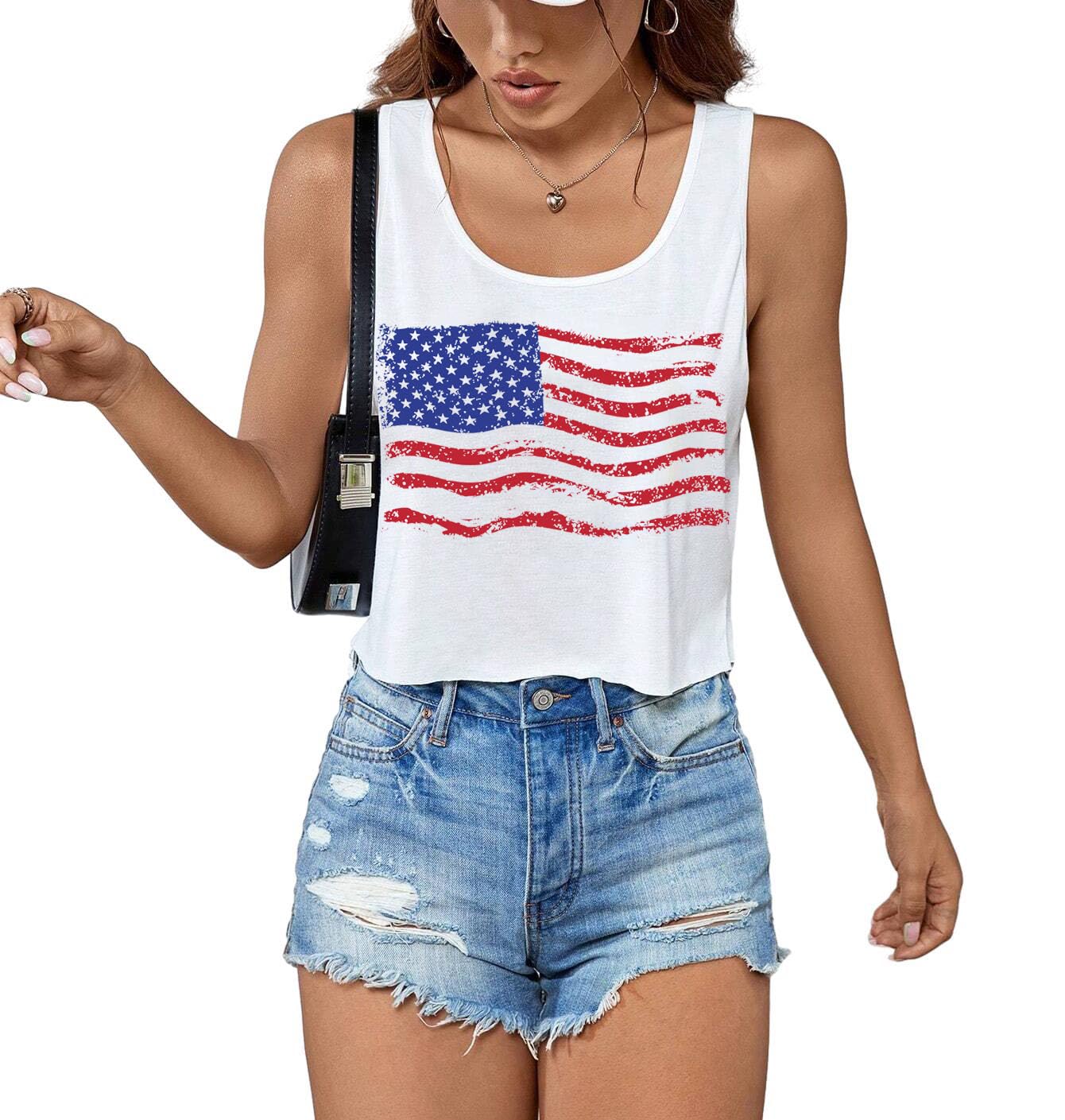 4th of July Crop Tops for Women Funny American Flag Shirts Tank Tops Outfits