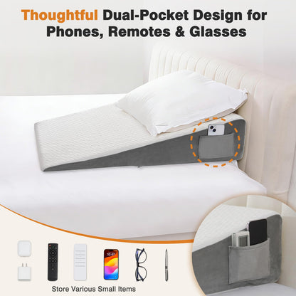 Vekkia King Bed Wedge Pillow for Headboard Gap, 0–6" Gap Filler with Side Pockets & Washable Cover, Gray 76"x10"x6"