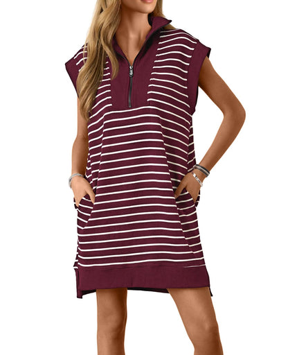 Wenrine Womens Striped Zipper Collar V Neck Loose Knit Summer Mini Dress