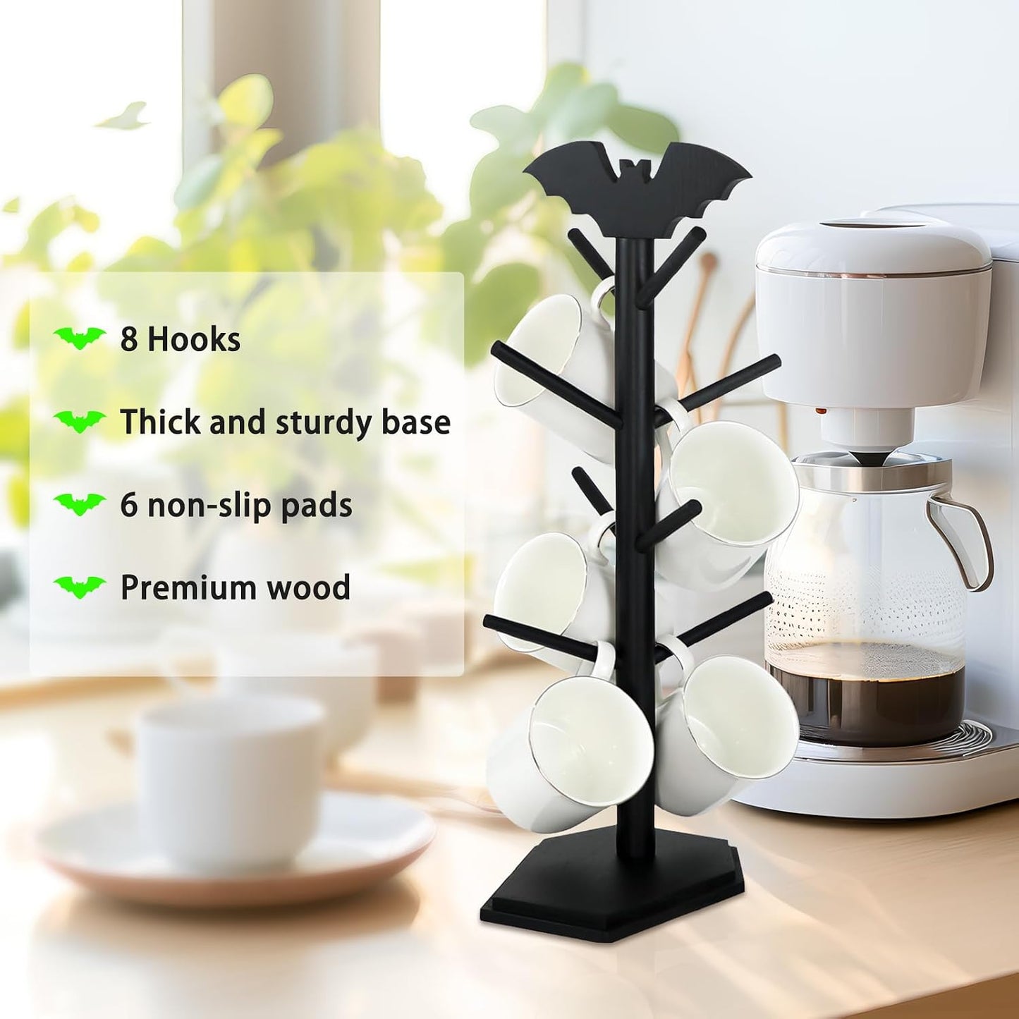 Bat Mug Holder Tree - 8 Hooks Rack for Gothic Home Decor - Wood Mug Tree for Countertop - Cup Holder for Halloween Kitchen Organizer & Coffee Bar Accessories