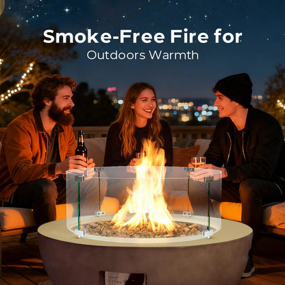 31.5 Inch Round Propane Fire Pit Table - Concrete Round Fire Bowl 50,000 BTU Natural Gas Firepit Burner with Steel Lid, Lava Rocks, Waterproof Cover for Outside Patio, Backyard, Party