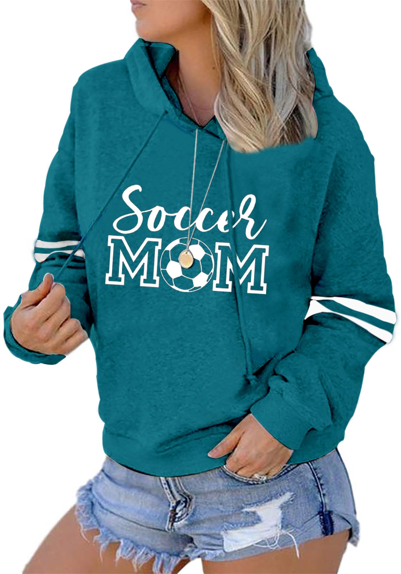 Womens Soccer Mom Hoodies Long Sleeve Casual Loose Striped Soccer Graphic Sweatshirt with Pocket