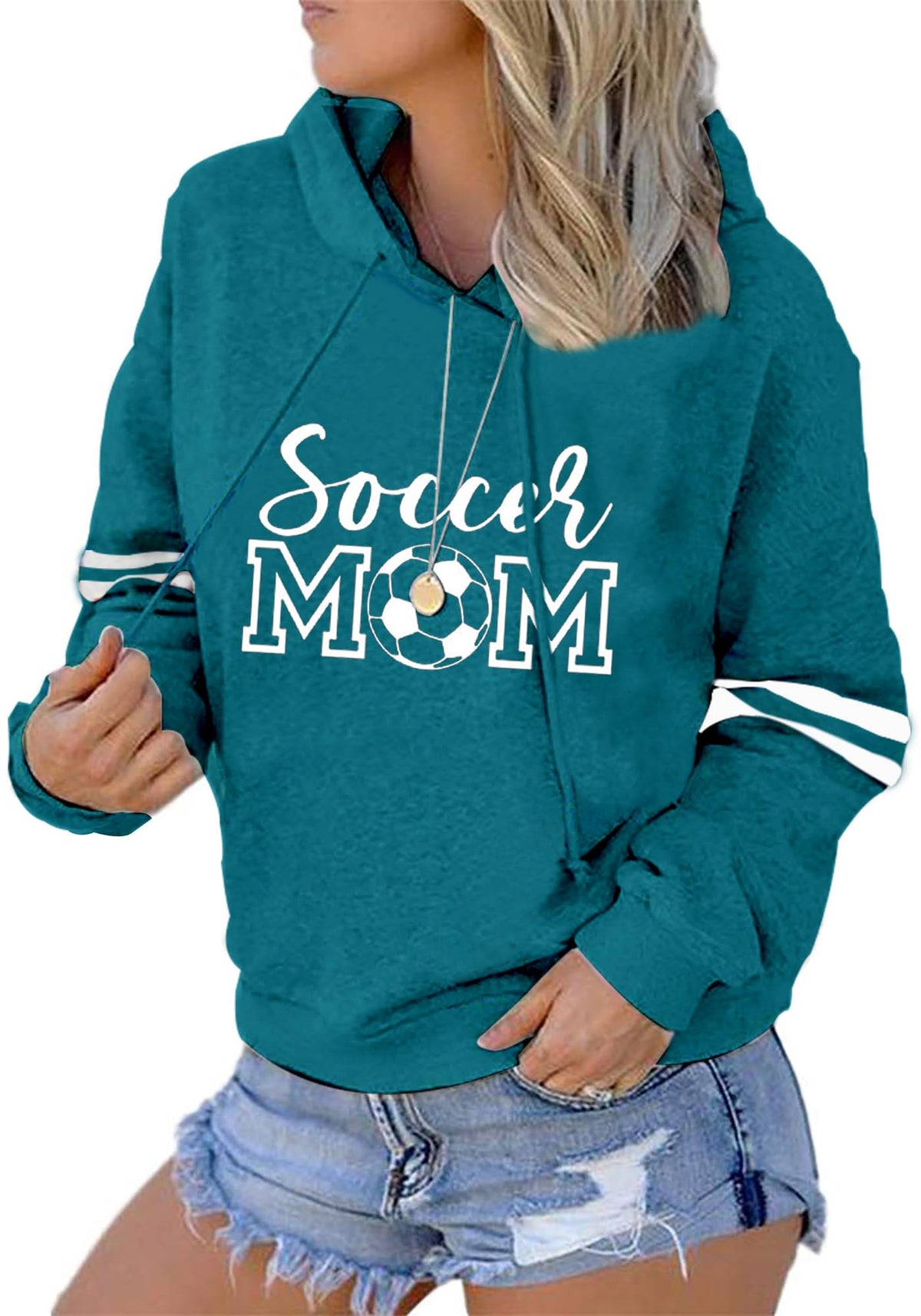 Womens Soccer Mom Hoodies Long Sleeve Casual Loose Striped Soccer Graphic Sweatshirt with Pocket