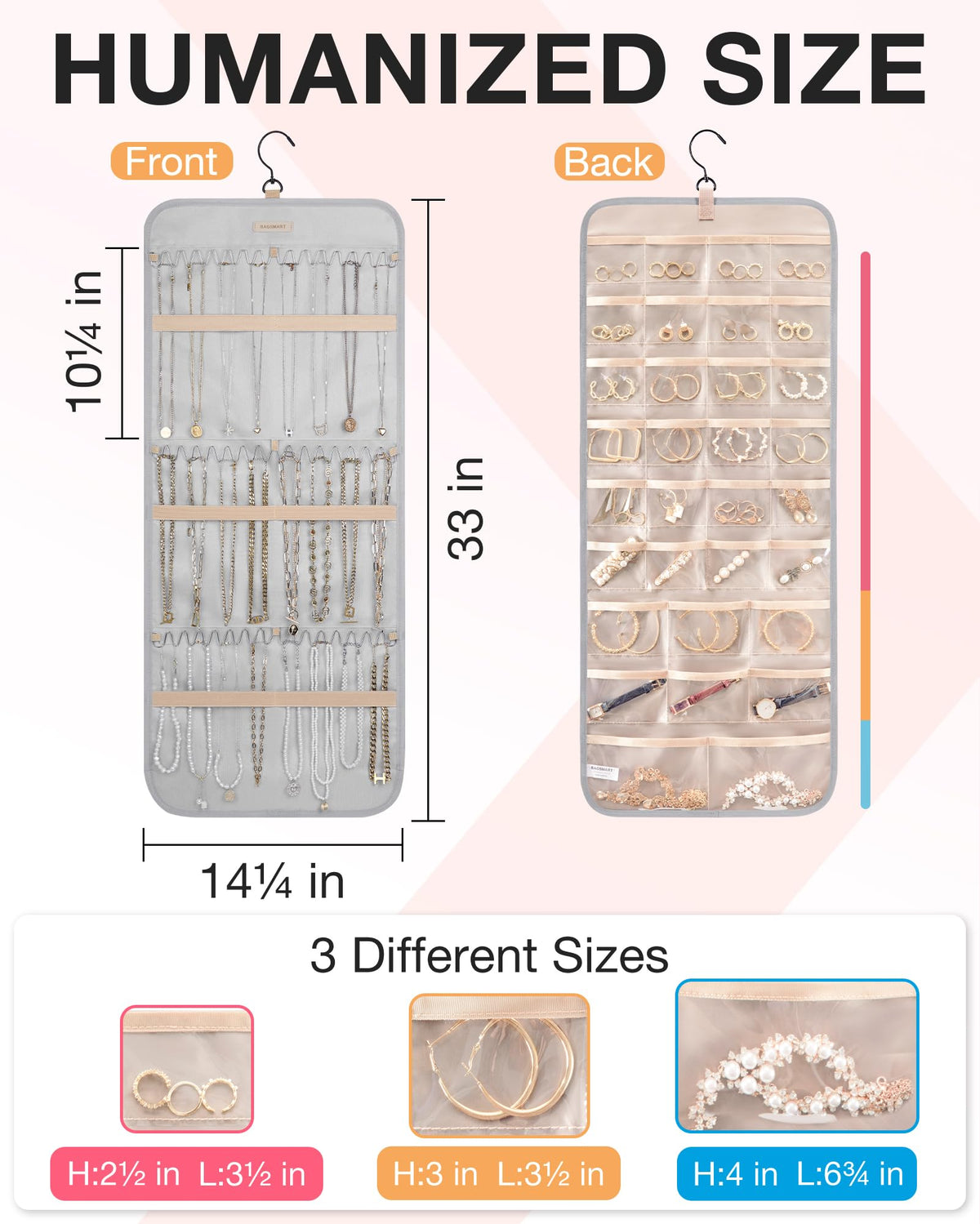BAGSMART Hanging Jewelry Organizer Storage Roll with Hanger Metal Hooks Double-Sided Jewelry Holder for Earrings, Necklaces, Rings on Closet, Wall, Door, 1 piece, Medium, Pink