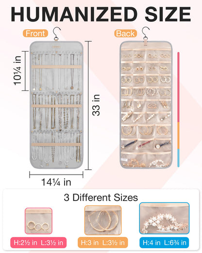 BAGSMART Hanging Jewelry Organizer Storage Roll with Hanger Metal Hooks Double-Sided Jewelry Holder for Earrings, Necklaces, Rings on Closet, Wall, Door, 1 piece, Medium, Pink