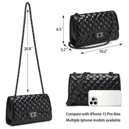 Quilted Leather Crossbody Bags for Women Trendy Ladies Shoulder Purse Satchel HandBag with Chain Strap