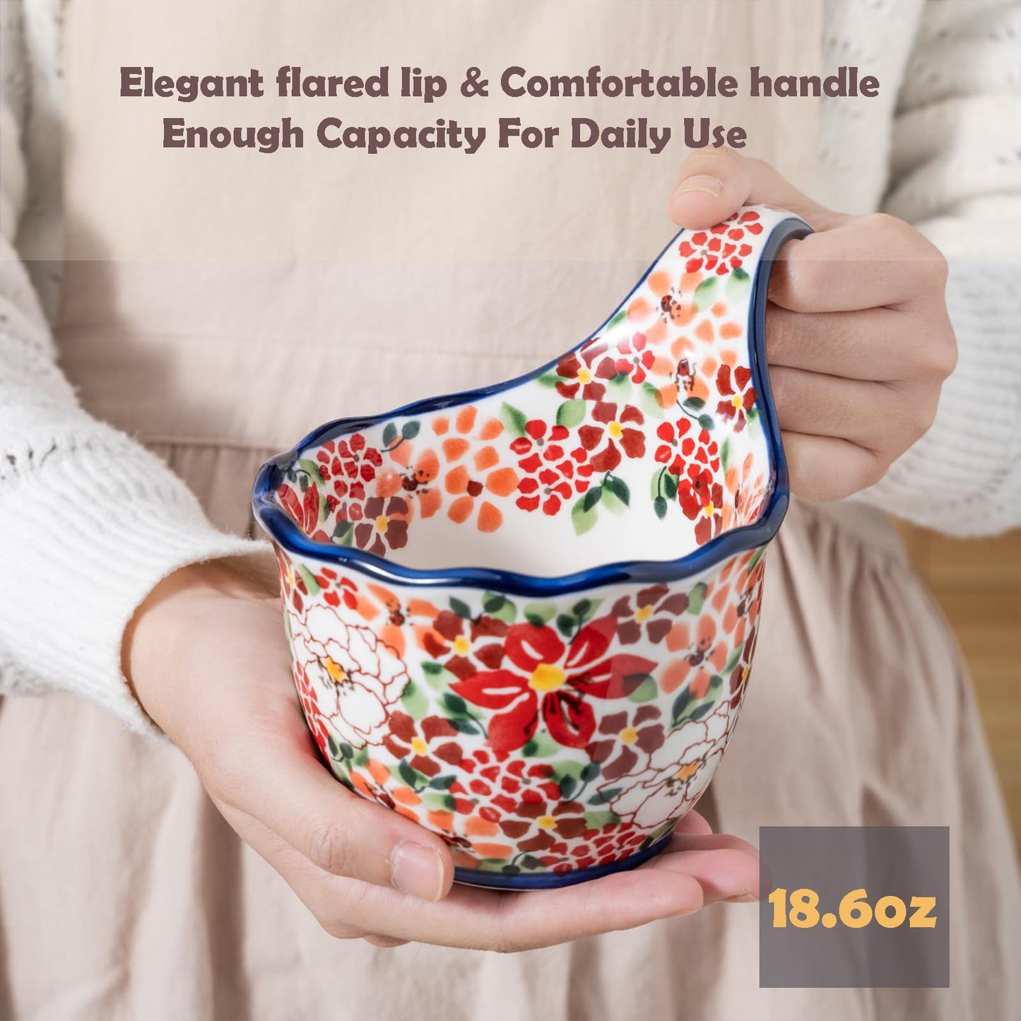 ALMA Handpainted Microwavable Soup Bowl with Loop Handle 18.6oz, Cereal Bowl With Handle Great for Berry, Fruits, Chili, Stew, Ice cream,Floral Soup Mug for Women