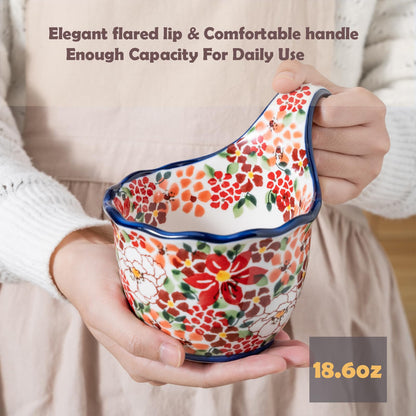 ALMA Handpainted Microwavable Soup Bowl with Loop Handle 18.6oz, Cereal Bowl With Handle Great for Berry, Fruits, Chili, Stew, Ice cream,Floral Soup Mug for Women