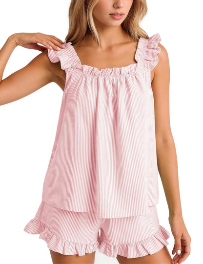 Flygo Striped Pajamas Set for Women Cotton 2 Piece Lounge Sets Ruffle Cami Top and Shorts Cute Summer Pj Sleepwear