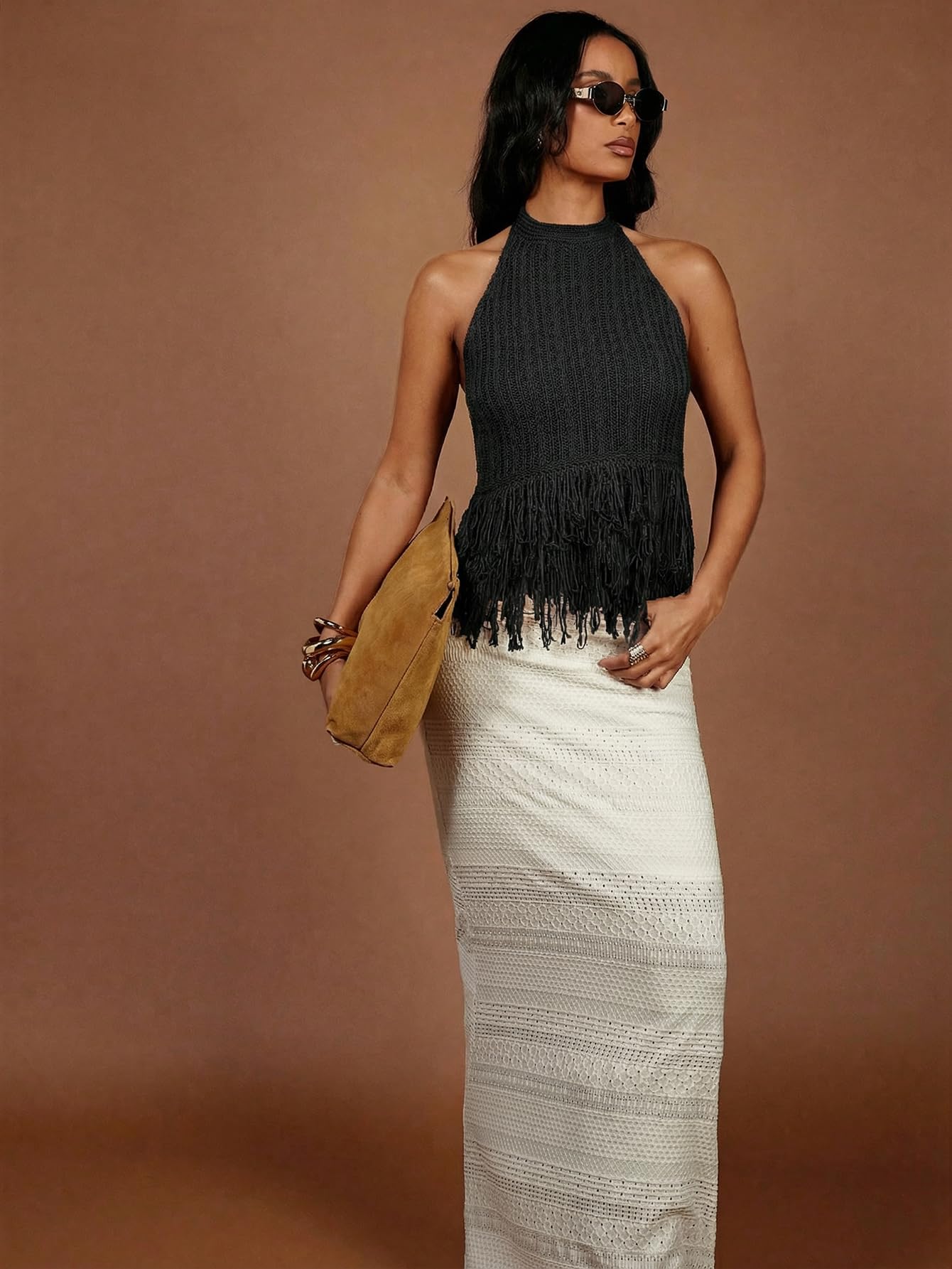 SweatyRocks Women's Boho Fringe Halter Tops Sleeveless Open Back Summer Knit Crochet Tank Top