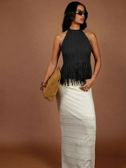 SweatyRocks Women's Boho Fringe Halter Tops Sleeveless Open Back Summer Knit Crochet Tank Top