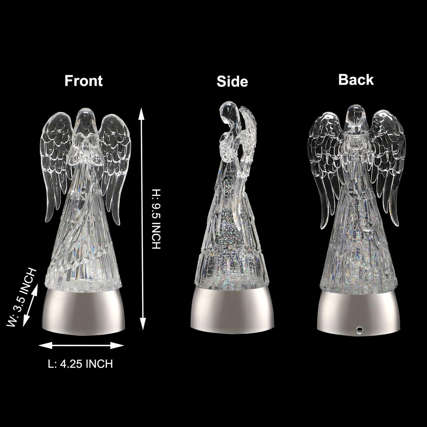 Lighted Acrylic Angel Figurines Swirling Glitter Globe, 6H Timer, Battery & USB Operated Angel Statue Decor Gifts for Mom Grandma Girls Women Birthday Friendship (9.5" Angel Praying Figurine)