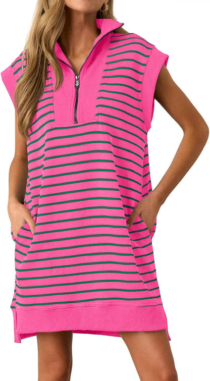 Wenrine Womens Striped Zipper Collar V Neck Loose Knit Summer Mini Dress