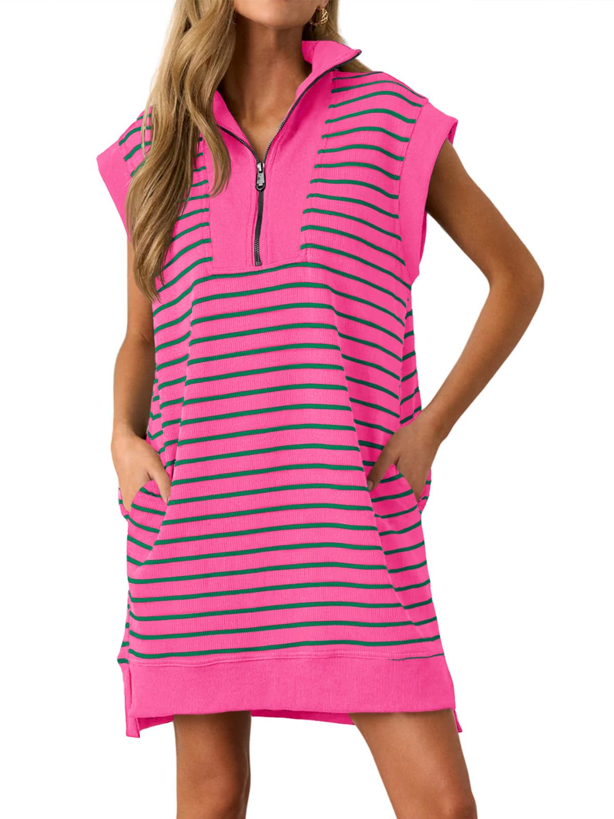 Wenrine Womens Striped Zipper Collar V Neck Loose Knit Summer Mini Dress