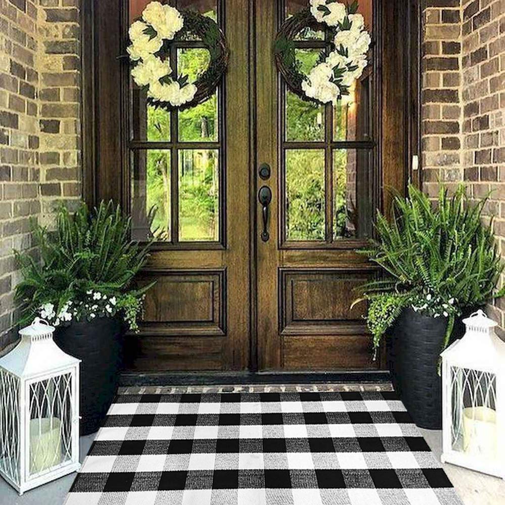 Christmas Door Mat Outdoor 35.4''x59'' Buffalo Plaid Christmas Decor Rug Cotton Hand-Woven Layered Door Mats Washable Carpet for Front Porch, Kitchen, Farmhouse, Entryway