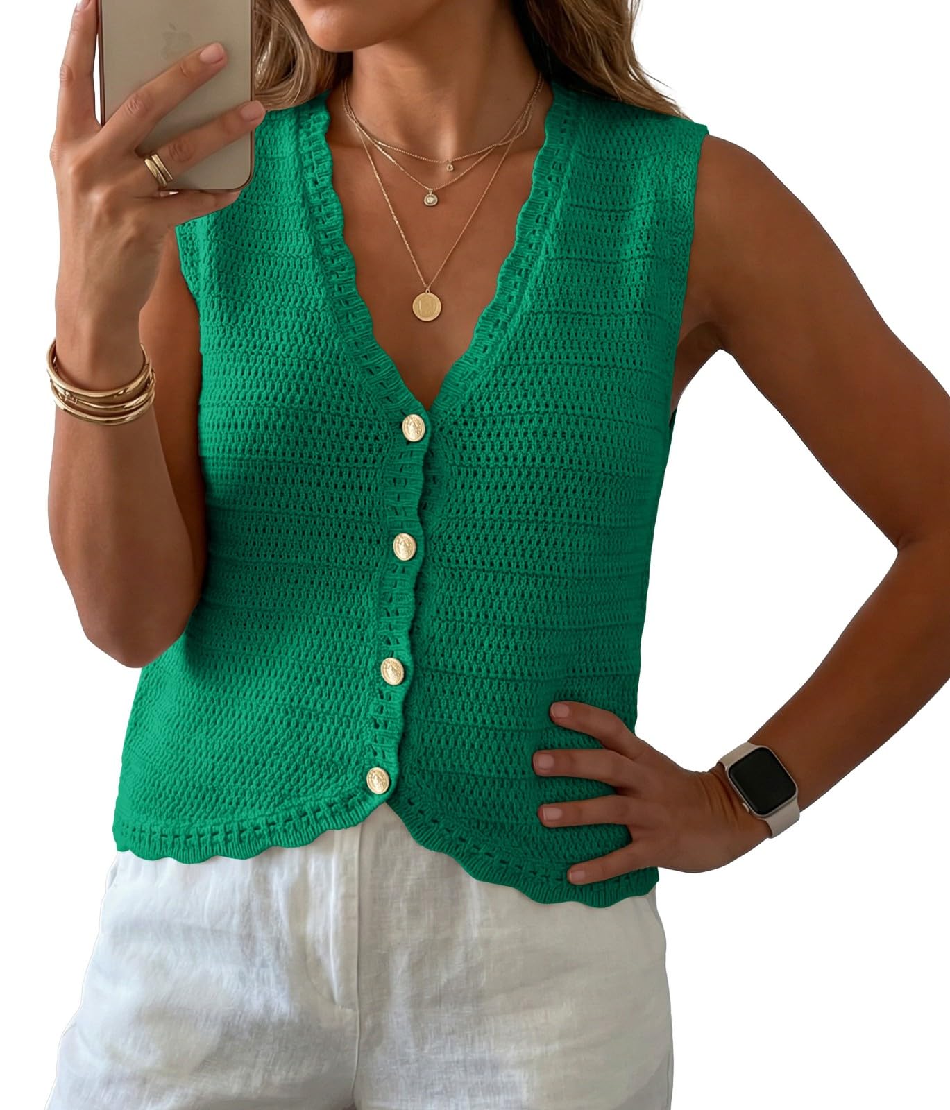 GRECERELLE Women's Summer Sleeveless V Neck Sweater Vest Knit Tank Top | Button Front Closure, Crochet Knit Design, Casual Style, Cropped Fit, Versatile Layering, for Office, Travel