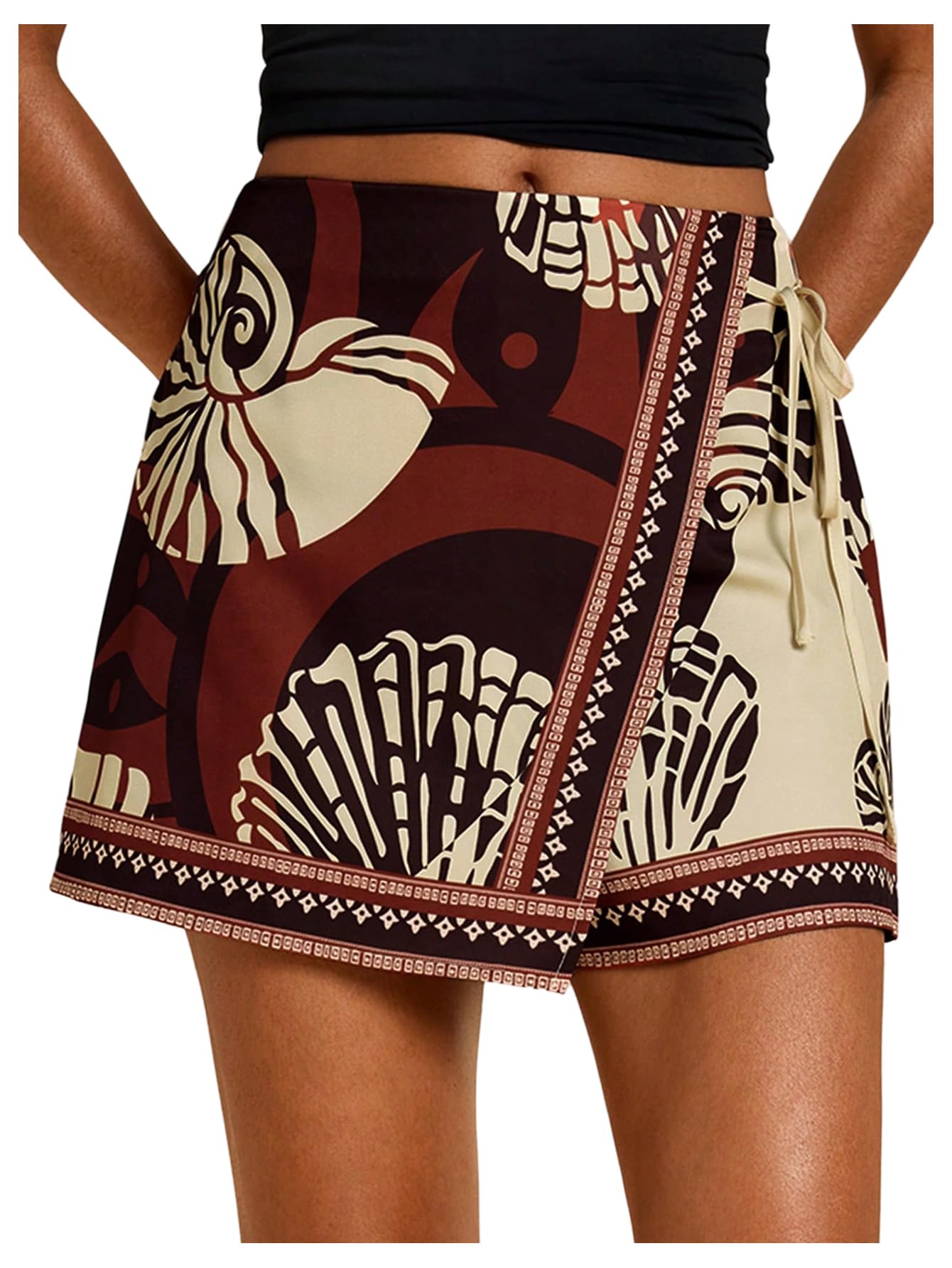 Sweatyrocks Women's Boho Mini Skirts Floral Shorts Tie Side Wrap Elastic Waist Summer Skorts Beach Vacation Outfits