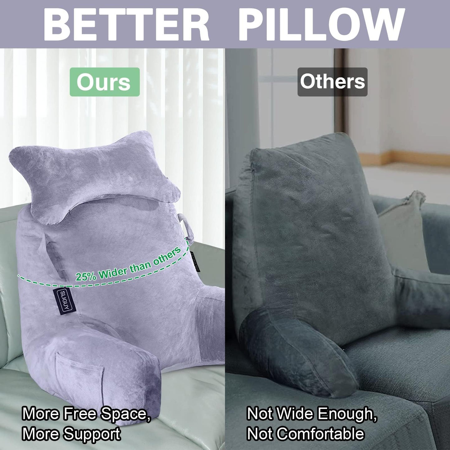 Reading Pillow-Extra Large 31" Bed Rest Pillow with Detachable Neck Roll & Arms for Sitting in Bed or Couch-Backrest Reading Pillow Adult Back Pillows for Reading,Watching TV,Gaming,Relaxing-Black