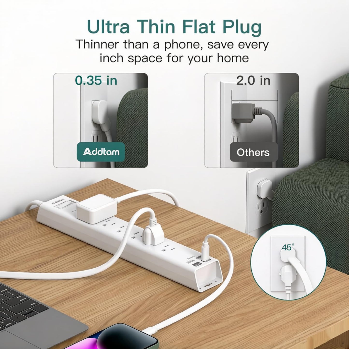 Addtam Power Strip Surge Protector - 15ft Long Extension Cord