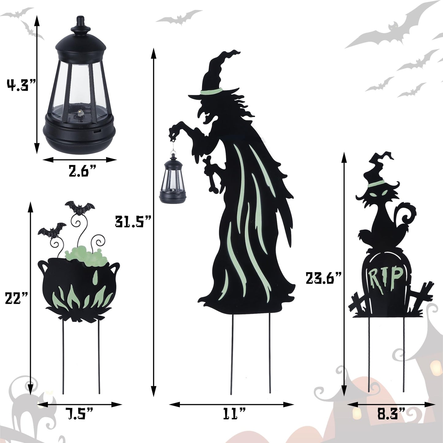 Prsildan 3 Pack Halloween Decorations Outdoor Solar Lighted Boo Yard Sign | Waterproof Metal Lawn Stakes, Solar-Powered, Bats, Cat & Ghost, For Front Yard, Porch, Garden, Spooky Halloween Party Decor