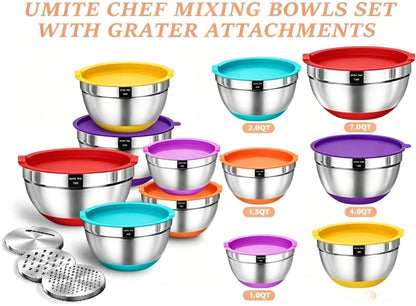 Mixing Bowls with Airtight Lids Set, 26PCS Stainless Steel Khaki Bowls with Grater Attachments, Non-Slip Bottoms & Kitchen Gadgets Set, Size 7, 4, 2.5, 2.0,1.5, 1QT, Great for Mixing & Serving