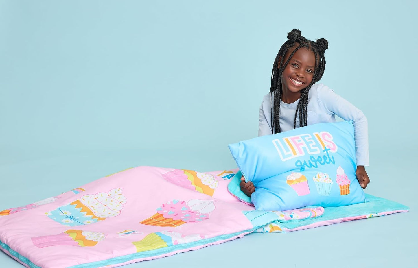 iscream Soft Cozy Fleece-Lined Fun Print Girls Sleeping Bag with Pillow | Snuggly, Integrated Handles, All Rolls Together for Ease, Machine Wash, 55" x 25", Fits Ages 4 to 10, Slumber Party Perfect