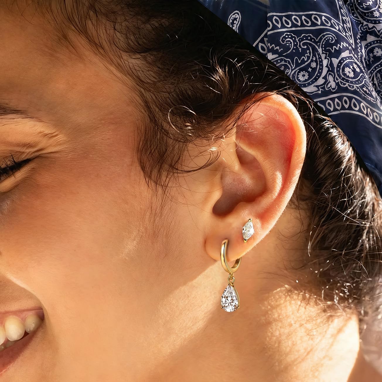 ASHINE Diamond Look Pear Huggie Earrings, 14K Gold Plated CZ Drops