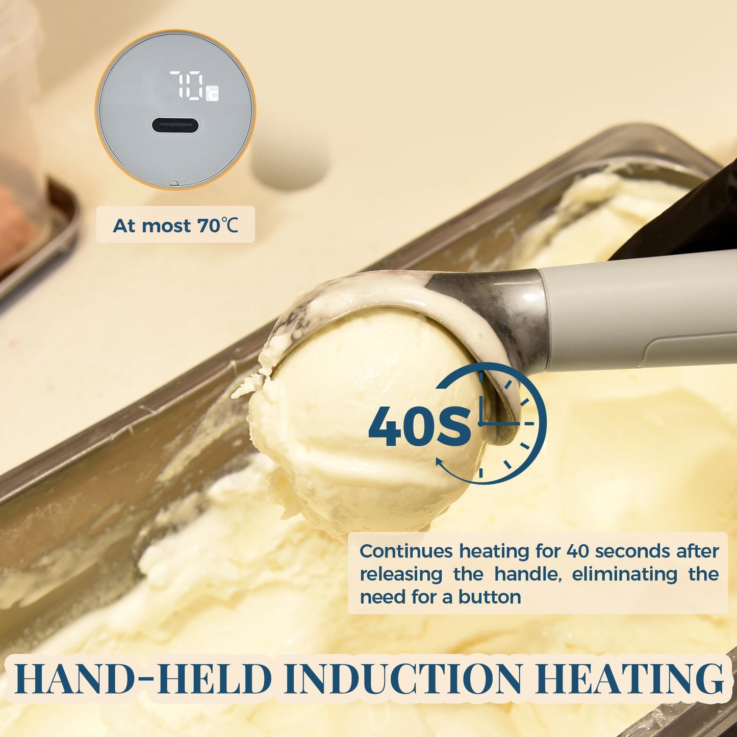 Heated Ice Cream Scoop Rechargeable, Electric Warming Ice Cream Scooper with LED Display, Heats to 158°F for Hard Ice Cream, Easy for Seniors & Kids, IP67 Waterproof (White, 2 oz)