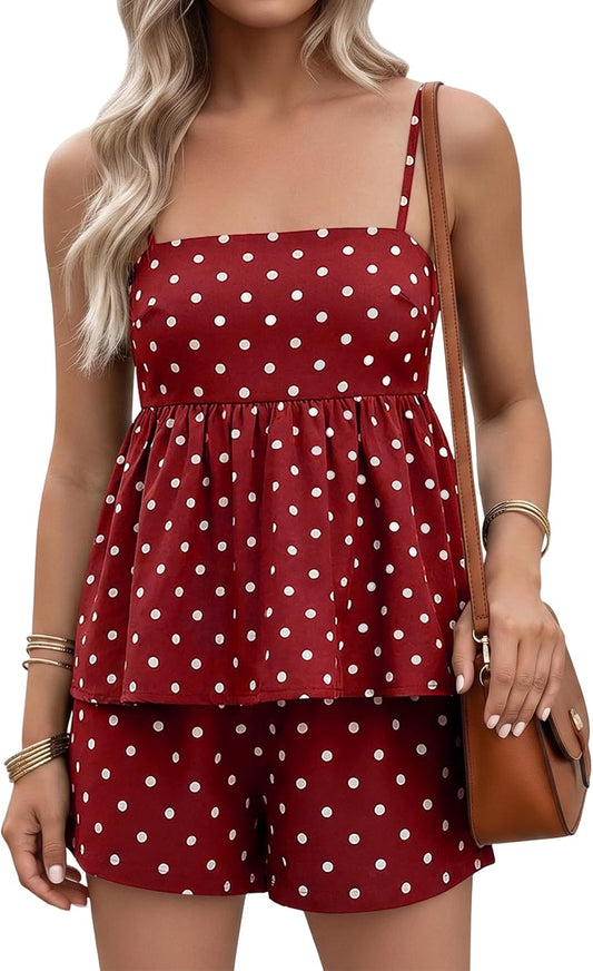 FOMELY Women's Polka Dot 2 Piece Short Set with Pockets